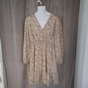 3X (Fits Xl) Floral Long Sleeve Dress in Cream and Multicolor